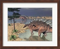 Kentrosaurus dinosaurs walking in the water next to sand and trees Fine Art Print