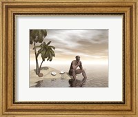 Male Homo Erectus sitting alone on a beach island next to coconuts Fine Art Print