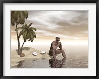 Male Homo Erectus sitting alone on a beach island next to coconuts Fine Art Print