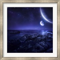 Nearby planets hover over the ocean on this world at night Fine Art Print