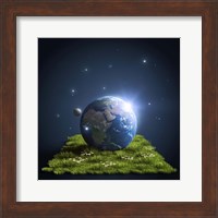 Planet Earth lying on a green lawn with moon and stars Fine Art Print