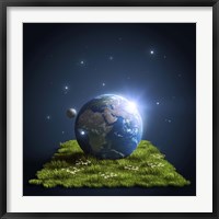 Planet Earth lying on a green lawn with moon and stars Fine Art Print