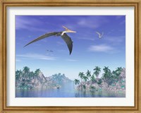 Pteranodon birds flying above islands with palm trees Fine Art Print