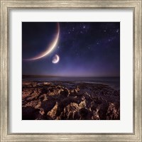 Rising plantes hover over ocean and rocky shore against starry sky Fine Art Print