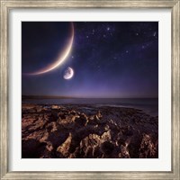 Rising plantes hover over ocean and rocky shore against starry sky Fine Art Print