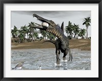 Spinosaurus dinosaur walking in water and feeding on fish Fine Art Print