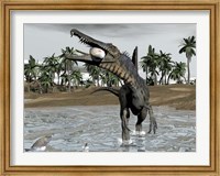 Spinosaurus dinosaur walking in water and feeding on fish Fine Art Print