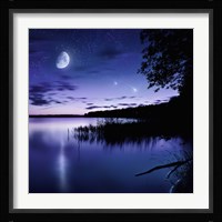 Tranquil lake against starry sky, moon and falling meteorites, Russia Fine Art Print