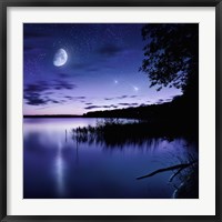 Tranquil lake against starry sky, moon and falling meteorites, Russia Fine Art Print