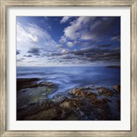 Tranquil lake and rocky shore against cloudy sky, Crete, Greece Fine Art Print