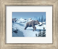 Two large mammoths walking slowly on the snowy mountain Fine Art Print