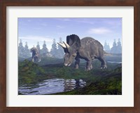 Two Nedoceratops dinosaurs walking to water puddle in the morning light Fine Art Print