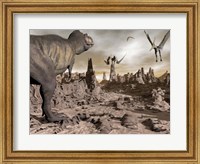 Tyrannosaurus Rex dinosaur and Pteranodons on a rocky desert landscape Fine Art Print