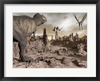 Tyrannosaurus Rex dinosaur and Pteranodons on a rocky desert landscape Fine Art Print