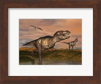 Tyrannosaurus Rex dinosaurs with pteranodon bird flying above Fine Art Print