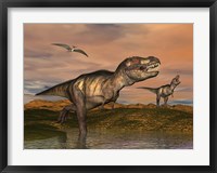 Tyrannosaurus Rex dinosaurs with pteranodon bird flying above Fine Art Print