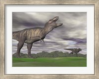 Tyrannosaurus Rex growling as a fellow T-Rex runs away Fine Art Print