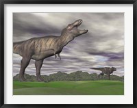 Tyrannosaurus Rex growling as a fellow T-Rex runs away Fine Art Print