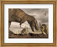 Tyrannosaurus Rex roaring at two Triceratops on rocky terrain Fine Art Print