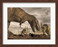 Tyrannosaurus Rex roaring at two Triceratops on rocky terrain Fine Art Print