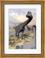 Brachiosaurus dinosaurs near water with reflection by sunset and full moon Fine Art Print