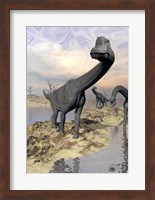 Brachiosaurus dinosaurs near water with reflection by sunset and full moon Fine Art Print