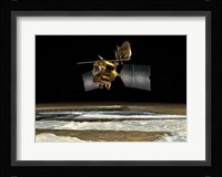 Satellite over the poles of planet Mars Framed Print