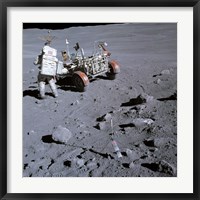 Astronaut walking near the lunar rover on the moon, Apollo 16 Fine Art Print