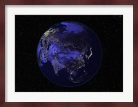 Satellite view of Earth showing city lights at night Fine Art Print