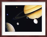 Saturn and its Satellites.  Clockwise from right: Tethys, Mimas, Encleladus, Dione, Rhea & Titan Fine Art Print