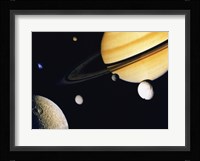 Saturn and its Satellites.  Clockwise from right: Tethys, Mimas, Encleladus, Dione, Rhea & Titan Fine Art Print
