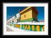Chortens and prayer flags at Dali Lama's Ladakh home, Ladakh, India Fine Art Print