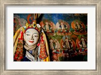 Religious statue infront of Buddha mural at Shey Palace, Ladakh, India Fine Art Print