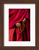Hands of a monk in red holding prayer beads, Leh, Ladakh, India Fine Art Print