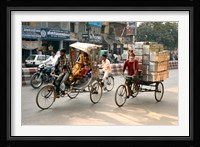 People and cargo move through streets via rickshaw, Varanasi, India Fine Art Print