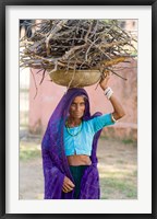Woman Carrying Firewood on Head in Jungle of Ranthambore National Park, Rajasthan, India Fine Art Print