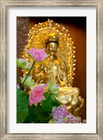 Pink lotus flowers in front of gold statue, Kek Lok Si Temple, Island of Penang, Malaysia Fine Art Print