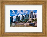 Merlion, symbol of Singapore, and downtown skyline in Fullerton area of Clarke Quay. Fine Art Print