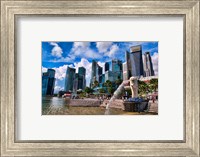 Merlion, symbol of Singapore, and downtown skyline in Fullerton area of Clarke Quay. Fine Art Print