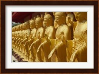 Taiwan, Foukuangshan Temple, Standing gold-colored Buddha statues at a Buddhist shrine Fine Art Print