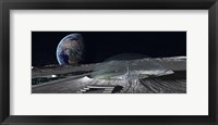 A domed crater is home to a lunar city Earth rises in the background Fine Art Print