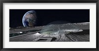 A domed crater is home to a lunar city Earth rises in the background Fine Art Print