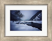 Small river in the misty, snowy mountains of Ritsa Nature Reserve Fine Art Print