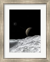 Saturn and Enceladus as seen from the moon Tethys Fine Art Print