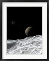 Saturn and Enceladus as seen from the moon Tethys Fine Art Print