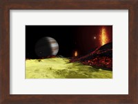Volcanic activity on Jupiter's moon Io, with the planet Jupiter visible on the horizon Fine Art Print