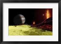 Volcanic activity on Jupiter's moon Io, with the planet Jupiter visible on the horizon Fine Art Print
