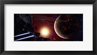 A stealth fighter en route to Hades, a ringed planet Fine Art Print