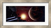 A stealth fighter en route to Hades, a ringed planet Fine Art Print