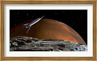 Spaceship in Orbit over Mars Moon, Phobos Fine Art Print